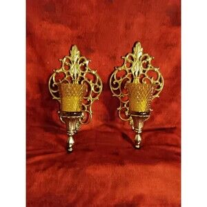 vtg Pair Gold Gilt Metal Sconces Wall Candle Holders ROCOCO Regency GLAM